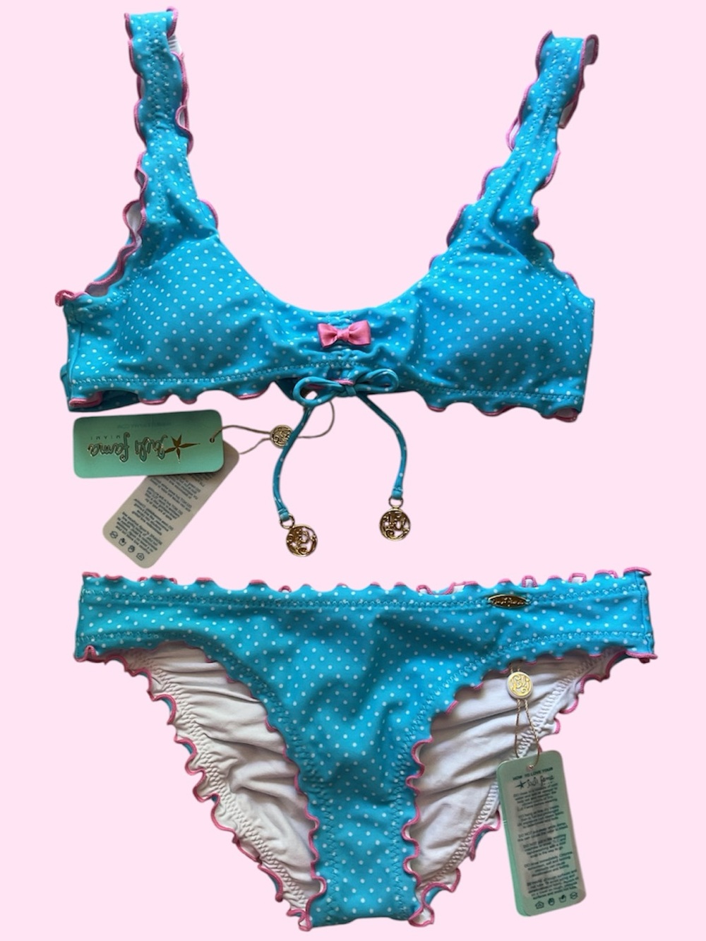 New Luli Fama  « Spotted With Love » Wavy Polka Dot Bikini Set - Aqua-Pink, XS